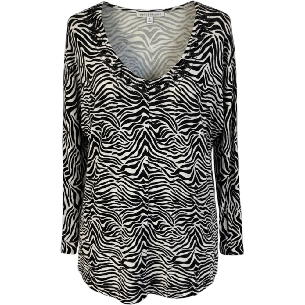 Peter Nygard Zebra‎ Print Beaded V-Neck Cardigan Sweater Womens XL Black White